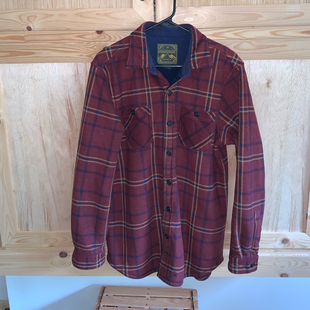 Anchorage Sherpa lined plaid fleece button front shacket shirt size M